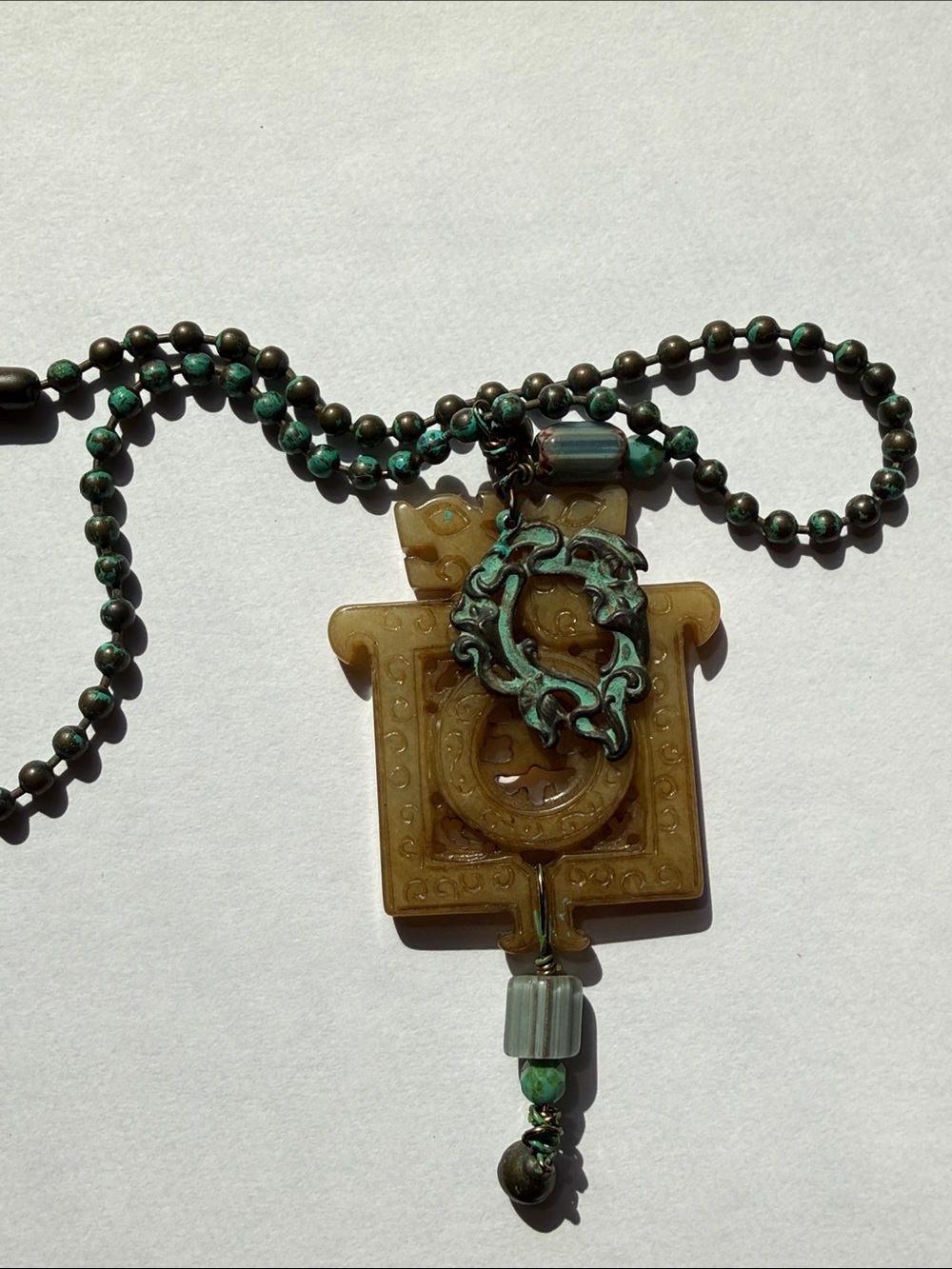 Vintage Pagoda Carved Amber Pendant Necklace with Turquoise Accents